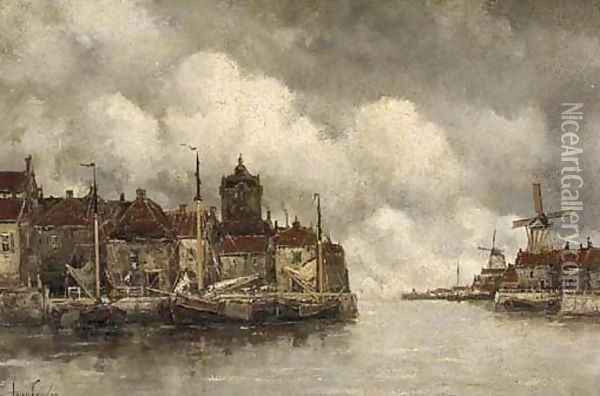 Moored vessels along a quay in a Dutch town Oil Painting - Hermanus Koekkoek