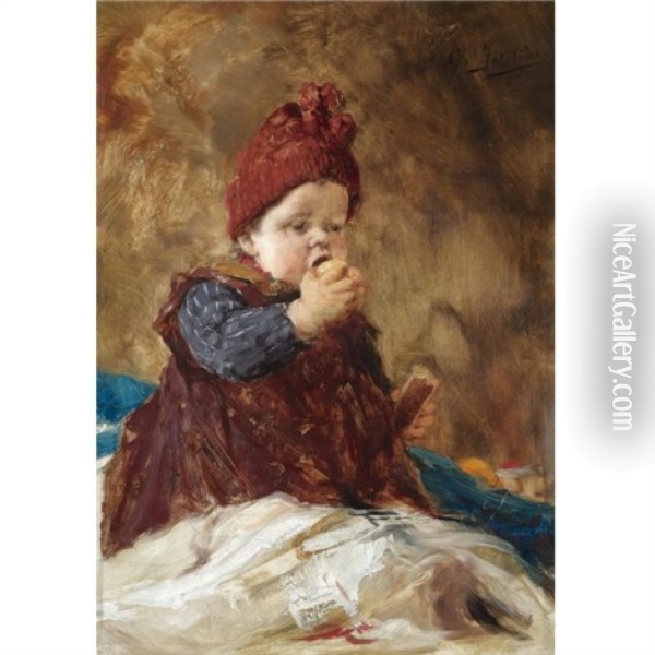 Child Eating An Apple Oil Painting - Georgios Jakobides