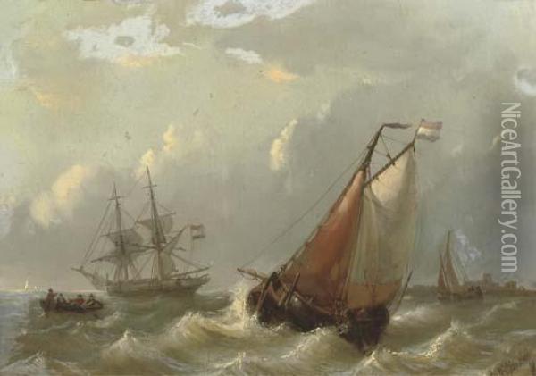 Dutch Vessels On Choppy Waters By A Coast Oil Painting - George Willem Opdenhoff