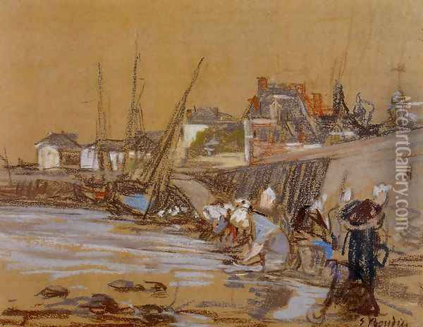Laundresses in the Port of Honfleur Oil Painting - Eugene Boudin