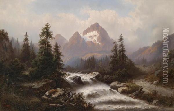 River Landscape In The Mountains Oil Painting - Julius Zopf