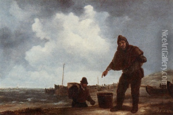 Fishermen Bringing In The Catch Oil Painting - Johannes Christiaan Schotel