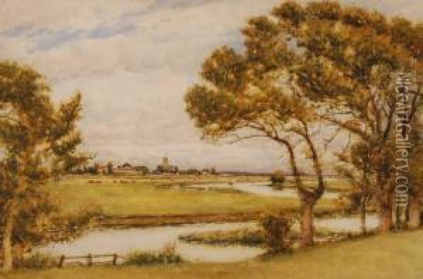 Extensive River Landscape Towards Christ Church, Hampshire Oil Painting - Arthur George Bell