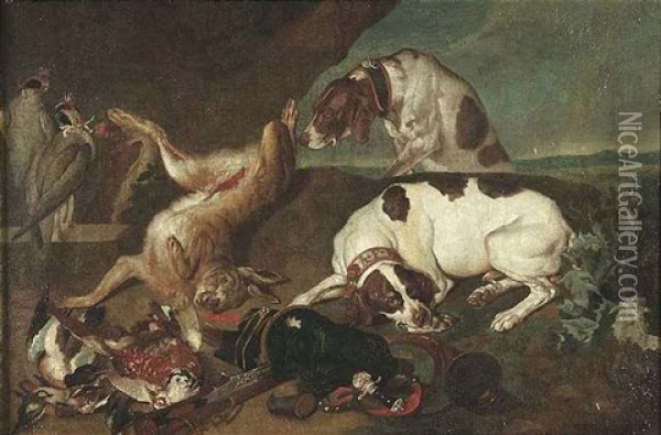Jagdstilleben Mit Zwei Hunden, Die Die Jagdbeute Bewachen Oil Painting - Philipp Ferdinand de Hamilton