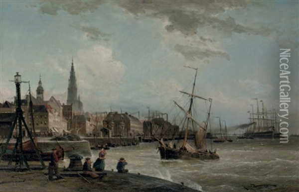 Shipping On The Schelde, Antwerp Oil Painting - Cornelis Christiaan Dommelshuizen
