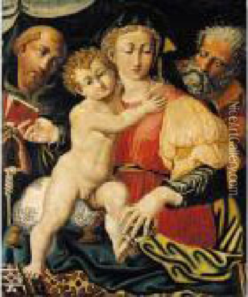 The Holy Family With A Franciscan Friar Oil Painting - Perino del Vaga (Pietro Bonaccors)