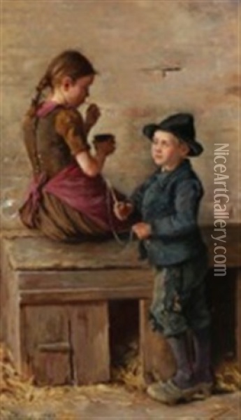 A Boy And A Girl Blowing Soap Bubbles Oil Painting - Emilie (Caroline E.) Mundt