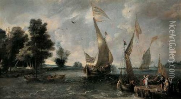 Flussansicht Mit Booten, Einem Anleger Und Figuren Oil Painting - Andries Van Eertvelt