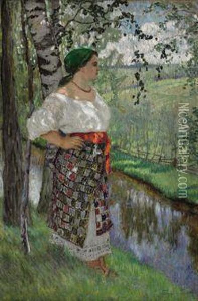 Peasant Woman By A Brook Oil Painting - Nikolai Petrovich Bogdanov-Belsky