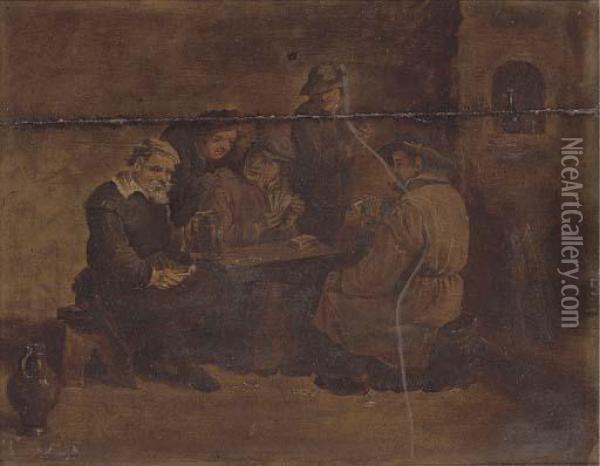 Card Players In An Interior Oil Painting - David The Younger Teniers