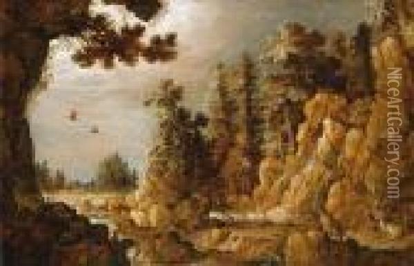 Deer In A Mountainous River Landscape Oil Painting - Roelandt Jacobsz Savery