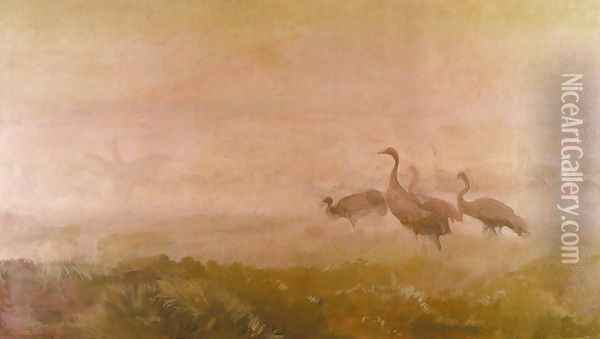 Cranes at Dawn Oil Painting - Jozef Chelmonski