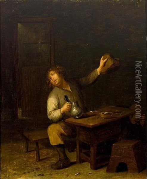 A Peasant Drinking At A Table In An Inn Oil Painting - Egbert Ii Van Heemskerck