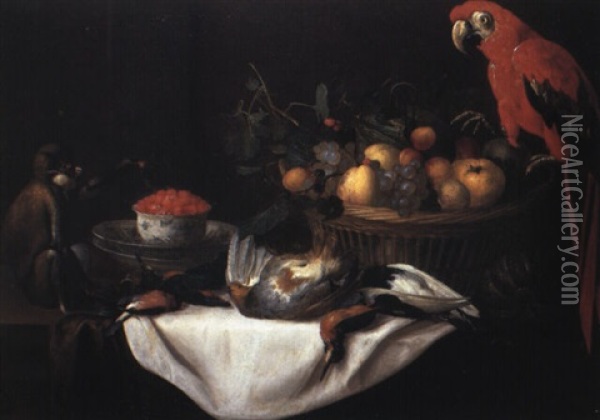 Nature Morte Au Panier De Fruits, Singe Et Perroquet Oil Painting - Pieter Boel