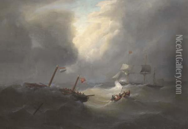 A Dismasted Vessel In A Heavy Gale Oil Painting - Christiaan Cornelis Kannemans