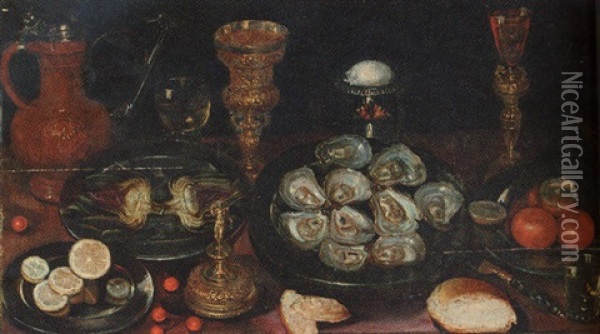 A Laid Table With Salvers Of Oysters, Artichokes, Oranges And Lemons, With Jug, Roemer, Silver Gilt Cup, Salt Cellar And A Wine Glass And A Loaf Oil Painting - Osias Beert the Elder