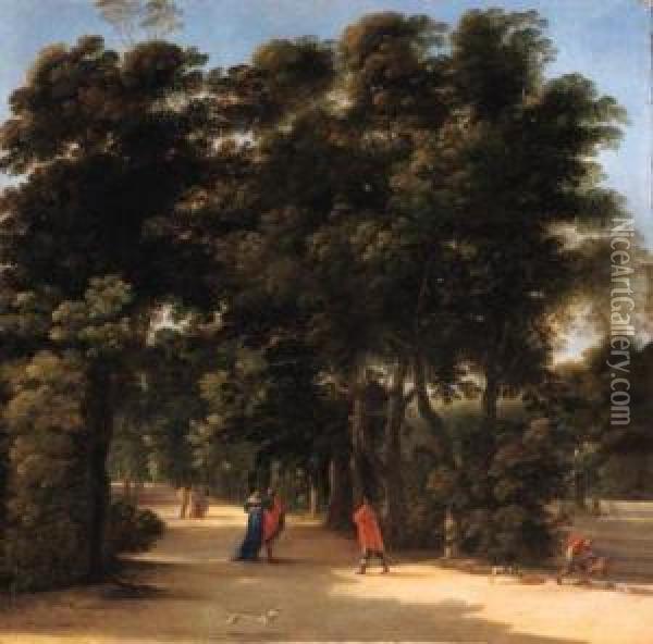 A Park Landscape With Elegant Figures Conversing Oil Painting - Michelangelo Cerqouzzi