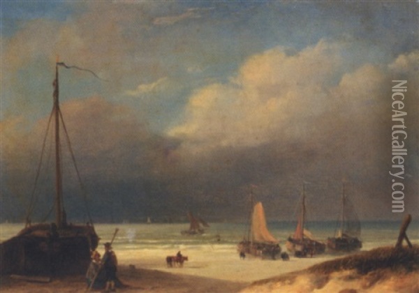 Boats On The Shore Oil Painting - Nicolaas Johannes Roosenboom