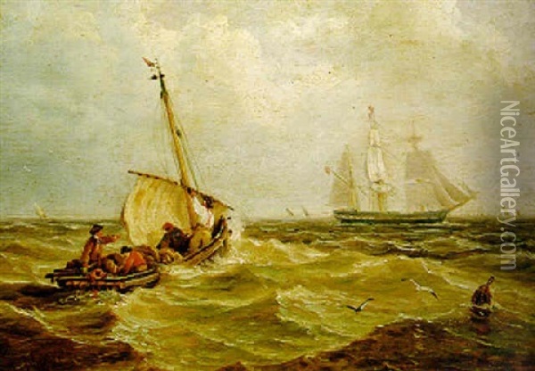 A Barque Arriving Offshore With A Small Boat Running Out To Meet Her Oil Painting - John Moore Of Ipswich
