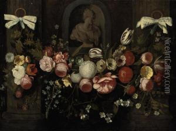 A Swag Of Flowers Decorating A Niche With A Stone Bust Oil Painting - Daniel Seghers