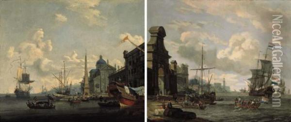 Capricci Of Mediterranean Harbours With Shipping And Merchants On Quays By Obelisks Oil Painting - Abraham Storck
