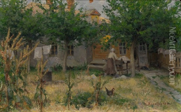 Woman In Courtyard Oil Painting - Nikolai Vasilievich Kharitonov