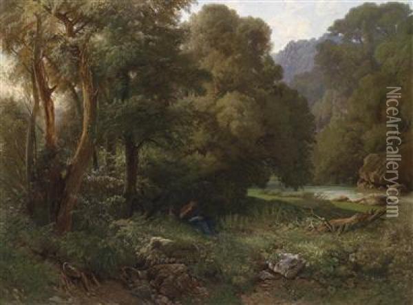 A Mountain Landscape In The South With A Young Woman Reading In The Shade Of A Riverbank Oil Painting - Heinrich Dreber