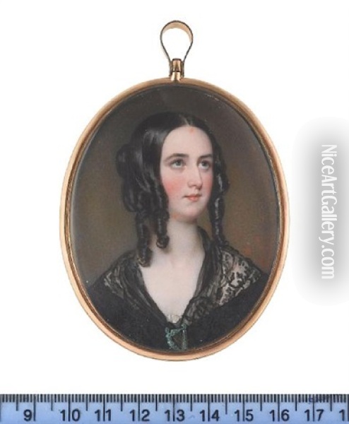 Isabella Brisbane, Wearing Black Dress With Black Lace Shawl Held Together At Corsage With Enamel Harp Brooch, Her Hair Worn In Loose Ringlets Oil Painting - Sir William Charles Ross