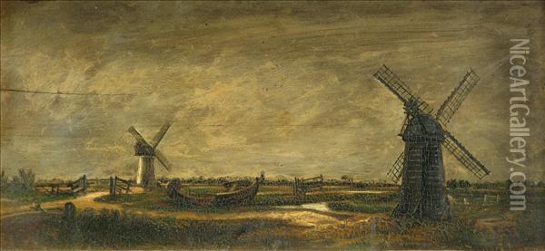Windmills In Alandscape Oil Painting - Thomas Lound