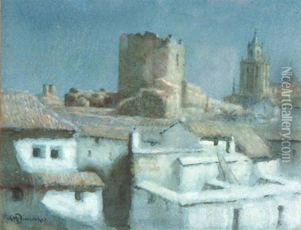 Rooftops In Moonlight Oil Painting - A.M. Doweraker