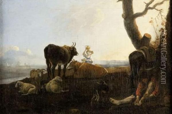 Halte Du Troupeau Dans Un Paysage Italianisant Oil Painting - Albert-Jansz. Klomp
