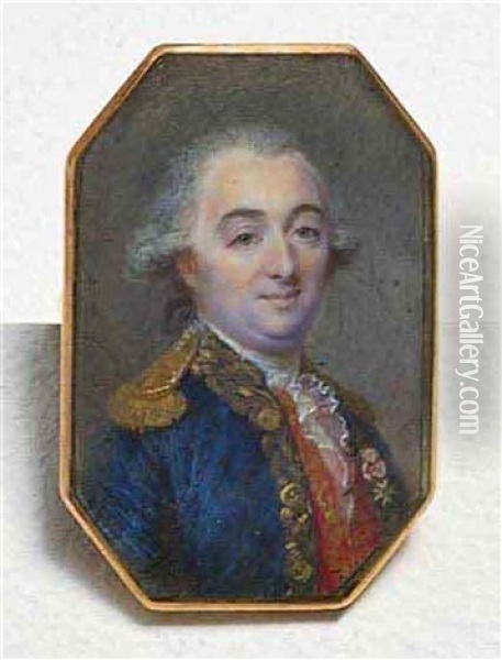 A French Officer, In Gold-bordered Blue Coat, Gold Epaulette, Gold-bordered Red Waistcoat, Frilled Cravat, Wearing The French Royal Order Of St. Louis, Powdered Wig Worn En Queue Oil Painting - Jean Baptiste Jacques Augustin