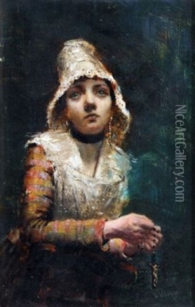 Young Girl Holding A Crucifix (study) Oil Painting - Oscar Wilson