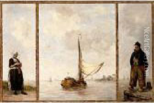 A Triptych: Central Piece: 
Coming Into Harbour, Right : Volendammer Boy, Left: Volendammer Girl Oil Painting - Hobbe Smith