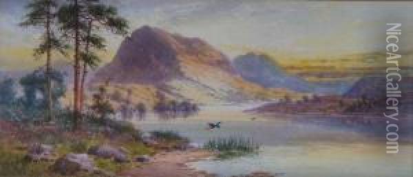 Ducksflying Over A Mountainous Lakeside At Sunset Oil Painting - Frank Hider
