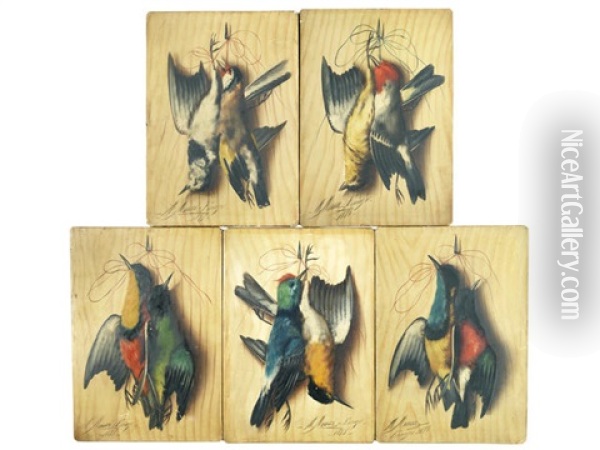 Hanging Songbirds, A Set Of Five Oil Painting - Michelangelo Meucci
