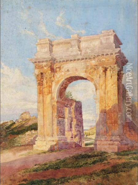 A Triumphal Arch In The Roman Campagna; And Figures Seated Before Aroman Villa Oil Painting - Arthur Glennie