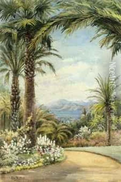 Palms Above The Mediterranean Coast Oil Painting - Du Ella Cane