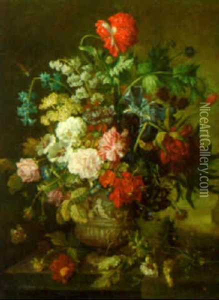 Flowers In A Sculpted Urn On A Ledge Oil Painting - Jan van Os