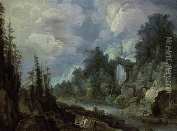 An Extensive Mountainous, River Landscape With Travellers Oil Painting - Philips de Momper the Elder