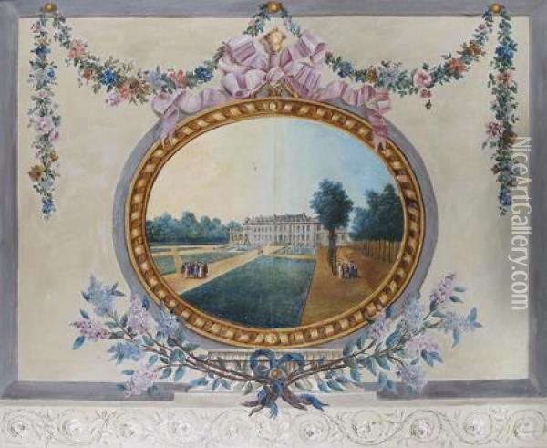 Un Chateau Dans Un Ovale Peint Entoure D'une Guirlande Defleurs Oil Painting - Christophe Huet