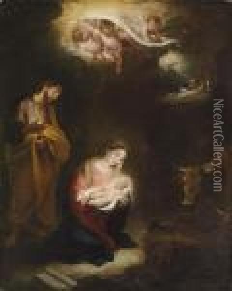 The Nativity With The Annunciation To The Shepherds Beyond Oil Painting - Bartolome Esteban Murillo