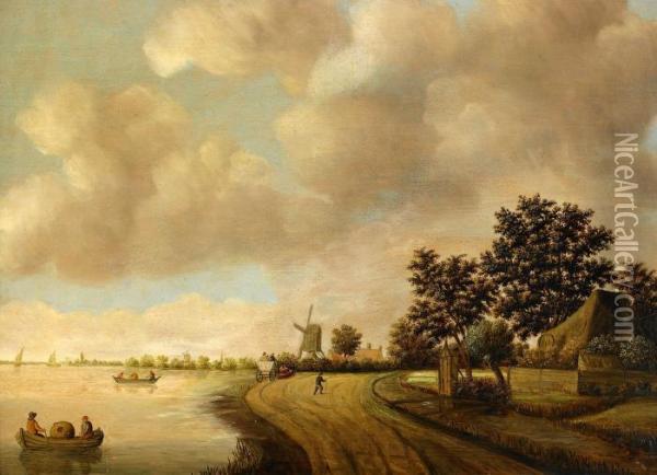 Kanallandskap Med Figurer Oil Painting - Jan van Goyen
