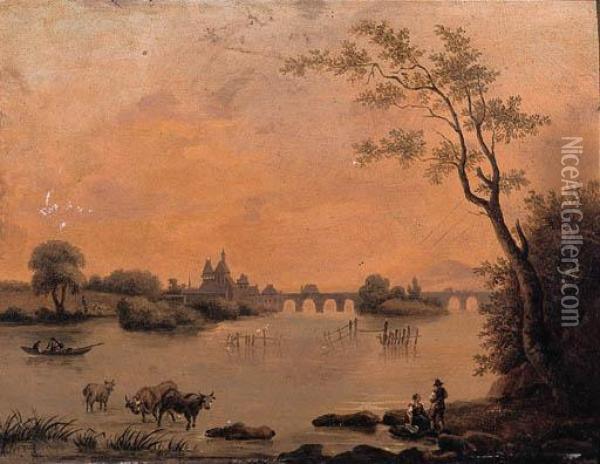A River Landscape With Peasants On A Bank, Cattle Watering And Abridge Beyond Oil Painting - Jean Louis (Marnette) De Marne