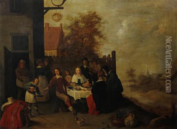 Figures Dining Before A Country Inn Oil Painting - David The Younger Teniers