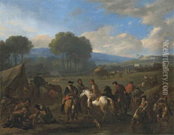Soldiers And Horsemen Resting In A Military Encampment, In A Wooded Valley Oil Painting - Jan van Huchtenburg