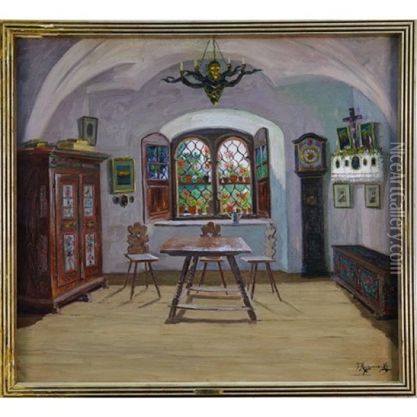 Austrian Interior With Stained Glass Window Oil Painting - Jakob Koganowsky