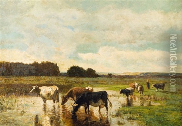 Vaches Pres De L'abreuvoir Oil Painting - Louis Robbe