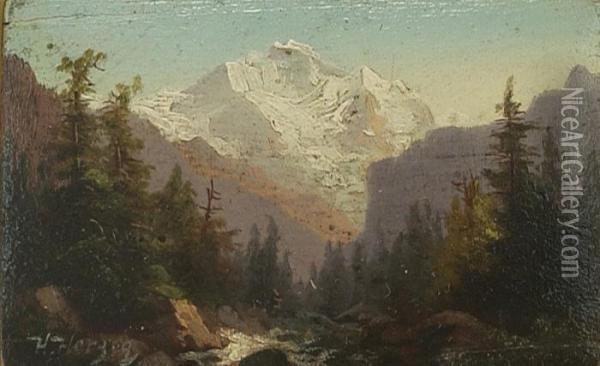 Mountain Landscapepainted On The Lid Of A Small Wooden Box Oil Painting - Herman Herzog