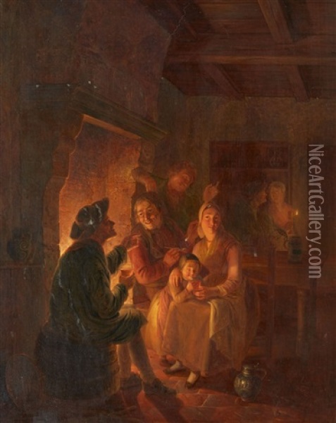 Company By The Fire Oil Painting - Jan Hendrik van Grootvelt